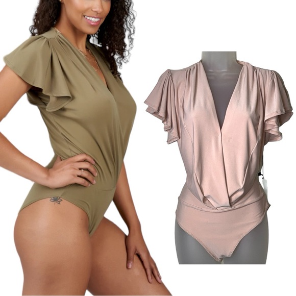 Haute Monde Ruffle Flutter Sleeve Mock Wrap Bodysuit Top Blush Pink Medium Sexy - Picture 10 of 16